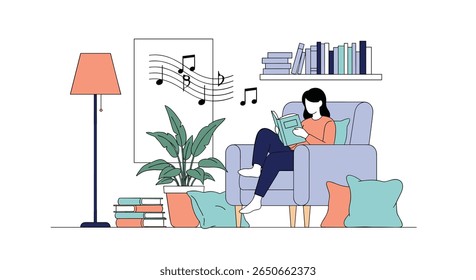 Enjoying a quiet afternoon reading a book with music playing softly in a comfortable living room setting