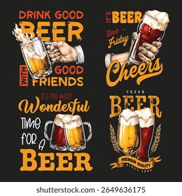 Enjoying refreshing beers with friends on a Friday evening. The atmosphere is lively and joyful as everyone raises their glasses to cheers. Perfect time for relaxation and fun.