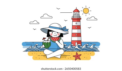 Enjoying refreshing watermelon drink on a beach near a lighthouse on a sunny day