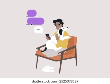 Enjoying a relaxing moment, a person sits in a chair with a loyal dog on their lap, completely engaged in a text conversation, surrounded by a calm and cozy atmosphere