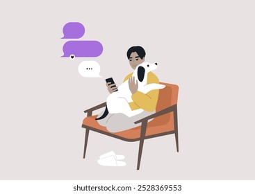 Enjoying a relaxing moment, a person sits in a chair with a loyal dog on their lap, completely engaged in a text conversation, surrounded by a calm and cozy atmosphere