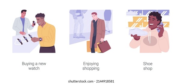 Enjoying shopping isolated cartoon vector illustrations set. Attractive man choosing a expensive watch in a store, trendy guy walking holding shopping bags, buying shoes in boutique vector cartoon.