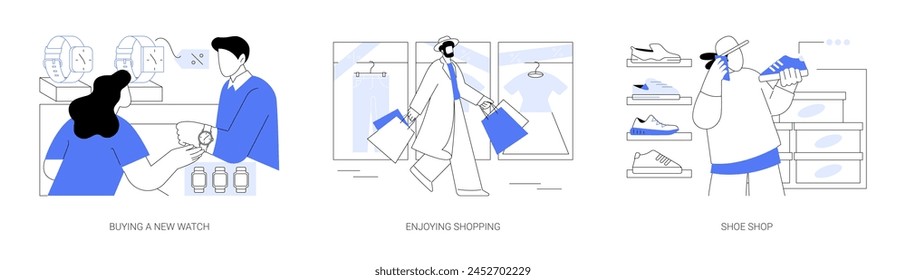 Disfrutando de compras aislado conjunto de Ilustraciones vectoriales de dibujos animados. Hombre atractivo que elige un reloj caro en una tienda, chico de moda que camina sosteniendo bolsos de compras, comprar zapatos en la historieta de Vector boutique.