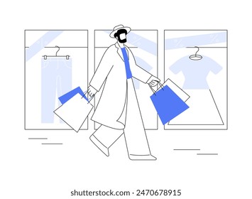 Disfrutando de compras aisladas Ilustraciones vectoriales de dibujos animados. Hombre de moda caminando por la calle con bolsos de compras, estilo de vida de la gente, comprar ropa y accesorios, estilo casual de dibujos animados de Vector.