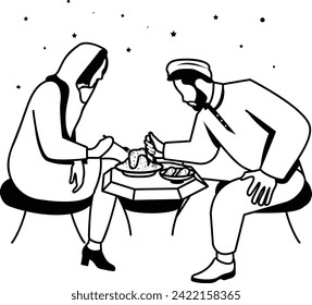Enjoying shopping snacks together vector design, Ramadan and Eid al-Fitr Symbol Islamic and fasting Sign, Arabic holiday celebration stock illustration, Couple Breaking the fast at Restaurant concept