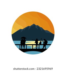 enjoying spring afternoon with couple on the bridge, with mountain and beach view, vector illustration, silhouette. suitable for screen printing, wall hangings, logos, backgrounds, posters, covers.