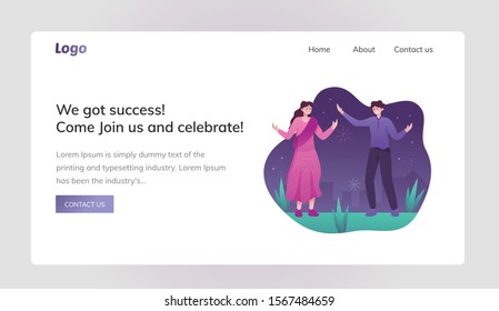 Enjoying success of project. Celebrating new year with girl and boy. Night sky enjoyment with happiness. web illustration.