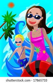 Enjoying Summer Holiday - with happy young girl and boy on beautiful blue background : vector illustration