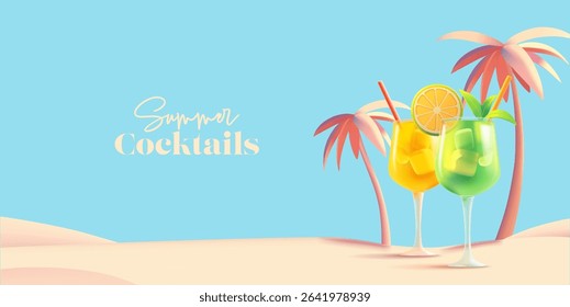 Enjoying summer vacation. 3D cocktails, palm trees, girl on a bike. Modern banner for concepts of vacation at the resort, leisure, and enjoyment. Vector illustration.