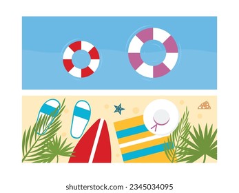 Enjoying summer vacation time at the beach, floats for swimming, surfboards and small mats for relaxing, vector illustration.