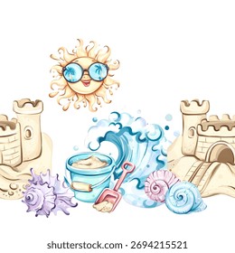 Enjoying summer vibes with a seamless pattern background featuring beach elements like sandcastles, seashells, sun, and waves for festive holidays and vacation delight