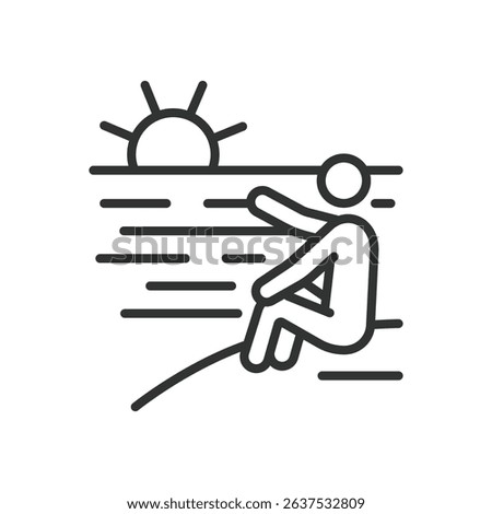 Enjoying sunset, icon in line design. Enjoying sunset, sunrise view, watching sunrise , sunrise moment, beach sunrise on white background vector. For the theme: enjoying sunset editable stroke icon