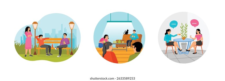 Enjoying their free time chatting and drinking while sitting on a park bench. Gathering, enjoying tea and friendly conversation. Share a pleasant conversation while enjoying tea. Talking concept.