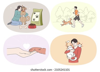 Enjoying time with pets concept. Set of positive girls and boys hugging feeding dog running in park together making friends playing and enjoying time with pets vector illustration 