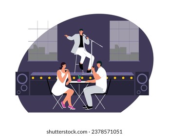 Enjoying time together in a cafe, listening to jazz music while drinking alcohol, world vector illustration. Evening.