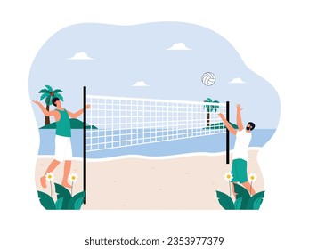 Enjoying vacation time to the beach, playing volleyball with friends, social activity vector illustration.