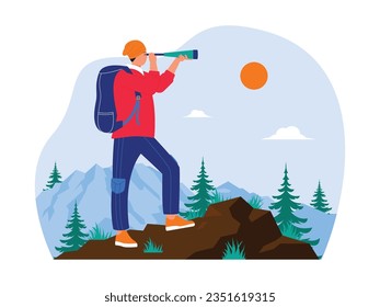 Enjoying vacation time, hiking in the mountains seeing beautiful scenery, social activity vector illustration.