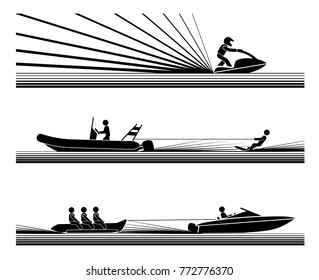 Enjoying In Various Water Adrenaline Sports. Illustration In Form Of Pictograms Which Represent Amusement And Enjoyment In Water Sports, Jet Ski,  Water Ski, Banana Boat Ride.
