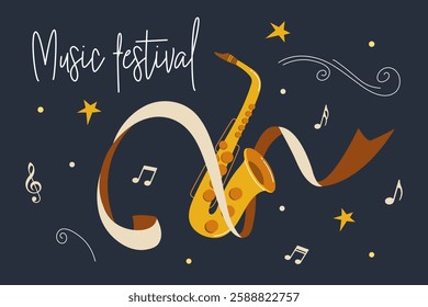 Enjoying vibrant melodies at a music festival with saxophone and decorations