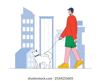 Disfrutando de un paseo por la ciudad con un perro de compañía mientras escuchas música a través de auriculares, Ilustración vectorial de la vida urbana moderna.