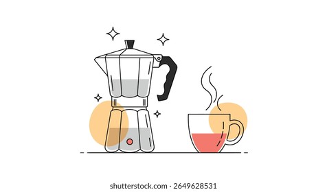 Enjoying a warm cup of freshly brewed coffee from a classic moka pot on a bright morning
