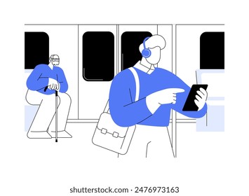 Disfrutando de la forma de Ilustraciones vectoriales de dibujos animados aislados. Viaja en metro y escucha música con los auriculares en el camino, estilo de vida urbano, transporte urbano, transporte público Vector de dibujos animados.