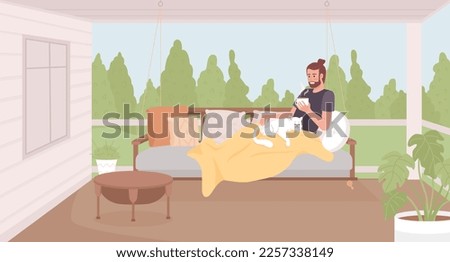 Enjoying weekend on terrace flat color vector illustration. Man with hot drink lying on garden swing with cat. Fully editable 2D simple cartoon character with forest landscape on background