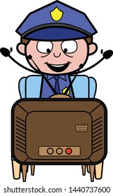 Enjoying While Watching TV - Retro Cop Policeman Vector Illustration