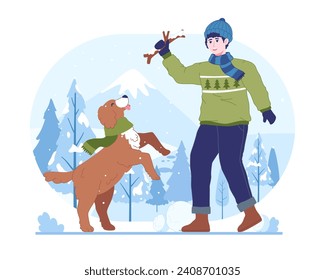 Enjoying the winter holidays. Man playing with his dog. Snowy cold weather, Man and his dog in warm seasonal clothes. Vector illustration