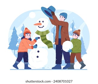 Enjoying the winter holidays. People spend their leisure time in the park. Men and kids enjoy outdoor winter activities, making snowmen. Vector illustration