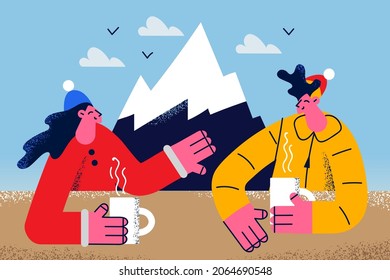 Enjoying winter sport activities concept. Young happy couple boy and girl sitting having conversation drinking hot tea during ski ride in mountains vector illustration 