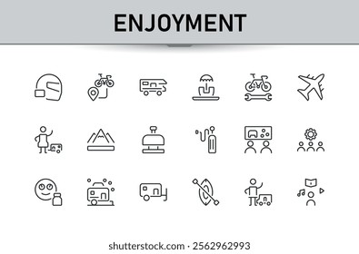 Enjoyment icon set. Icons airplane, fire, slipper, cycling, ball, rest, fishing, hiking. Isolated icons design. Minimalist vector icons editable stroke.