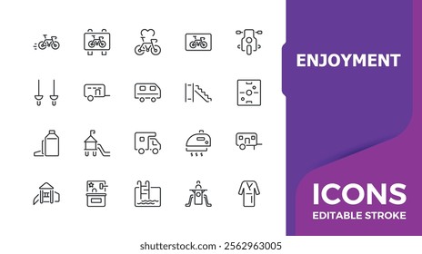 Enjoyment icon set. Icons airplane, fire, slipper, cycling, ball, rest, fishing, hiking. Isolated icons design. Minimalist vector icons editable stroke.