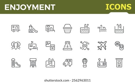 Enjoyment icon set. Icons airplane, fire, slipper, cycling, ball, rest, fishing, hiking. Isolated icons design. Minimalist vector icons editable stroke.