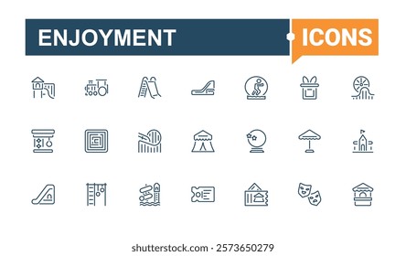 Enjoyment icons set. Contains related to carousel, amusement, ride, park, ice and more. Minimal linear icons. Vector illustration in modern line style.