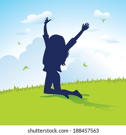 Enjoyment. Silhouette of a young girl raising her hands to the sky and relaxing in the field.