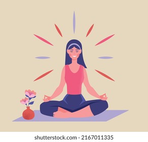 Enjoys freedom and life. Woman sits in lotus position and meditates. Yoga, asana and stretching. Inner balance and calmness, optimism and positivity concept. Cartoon flat vector illustration