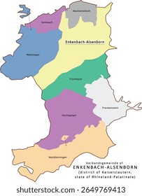 Mapa de Enkenbach-Alsenborn verbandsgemeinde do distrito de Kaiserslautern na Renânia-Palatinado (Renânia-Palatinado) na Alemanha. Vetorizado. Cores retroativas