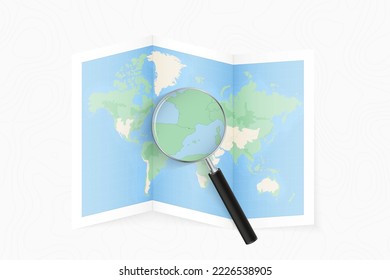 Enlarge Andorra with a magnifying glass on a folded map of the world. Vector paper map.