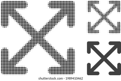Enlarge arrows halftone dotted icon. Halftone pattern contains circle pixels. Vector illustration of enlarge arrows icon on a white background.