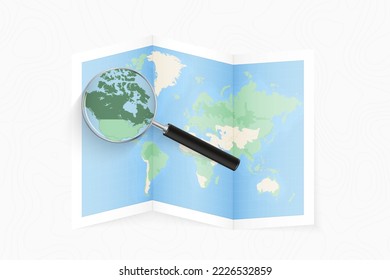 Enlarge Canada with a magnifying glass on a folded map of the world. Vector paper map.