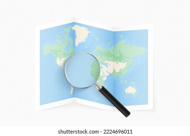 Enlarge Cape Verde with a magnifying glass on a folded map of the world. Vector paper map.