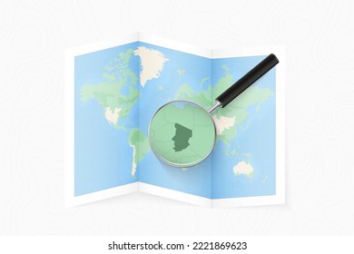 Enlarge Chad with a magnifying glass on a folded map of the world. Vector paper map.