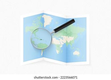 Enlarge Dominican Republic with a magnifying glass on a folded map of the world. Vector paper map.