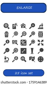 Vergrößern Sie den Symbolsatz. 25 gefüllte Großsymbole.  Einfache, moderne Symbole wie: Suche, Einzoomen, Mikroskop, Glas, Verkleinern, Vergrößern, Maximieren, Zoomen, Vergrößern, Loupe