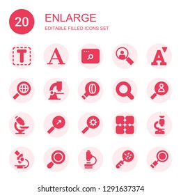 enlarge icon set. Collection of 20 filled enlarge icons included Font, Search, Loupe, Microscope, Magnifying glass, Expand
