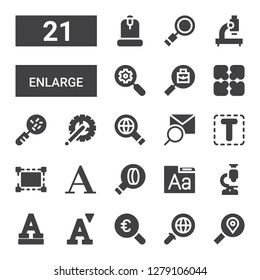 enlarge icon set. Collection of 21 filled enlarge icons included Search, Magnifying glass, Font, Microscope, Resize, Searching, Crank arm, Loupe, Expand