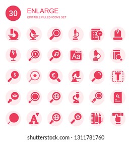 enlarge icon set. Collection of 30 filled enlarge icons included Microscope, Search, Glass, Font, Magnifying glass, Searching, Design tool