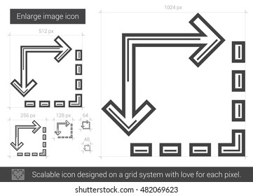 Ampliar el icono de línea vectorial de imagen aislado en fondo blanco. Ampliar el icono de la línea de imagen para infografía, sitio web o aplicación. Icono escalable diseñado en un sistema de cuadrícula.