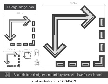 Ampliar el icono de línea vectorial de imagen aislado en fondo blanco. Ampliar el icono de la línea de imagen para infografía, sitio web o aplicación. Icono escalable diseñado en un sistema de cuadrícula.